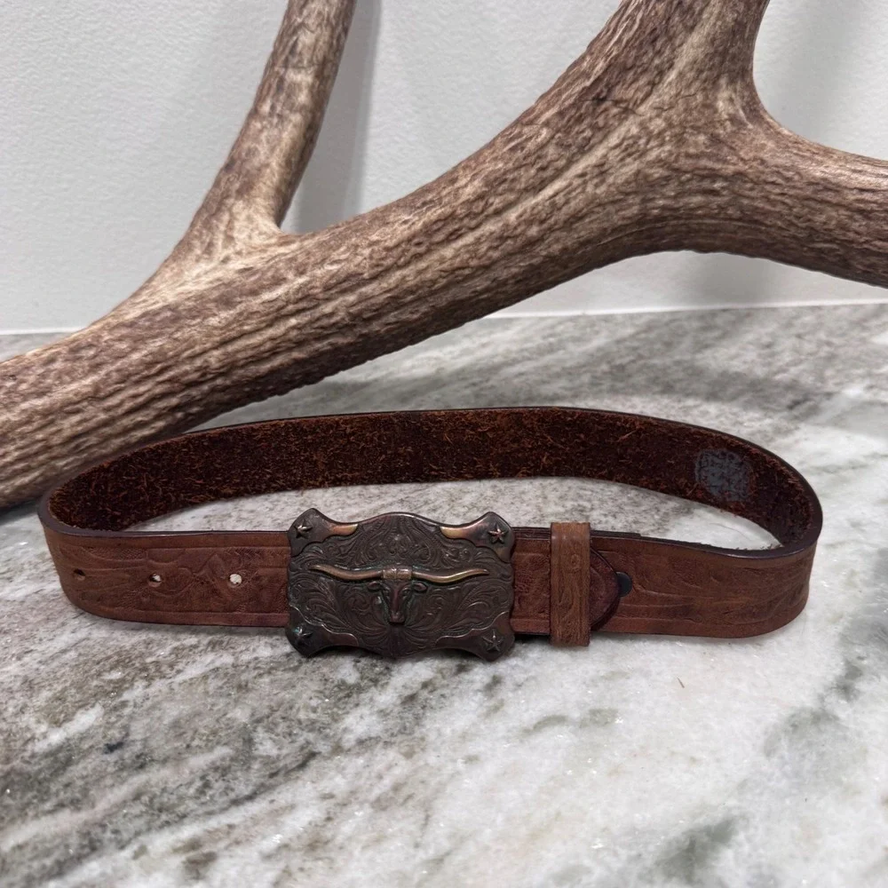 Vintage Western Brown Tooled Leather Belt Longhorn Steer Buckle Kids Size 22